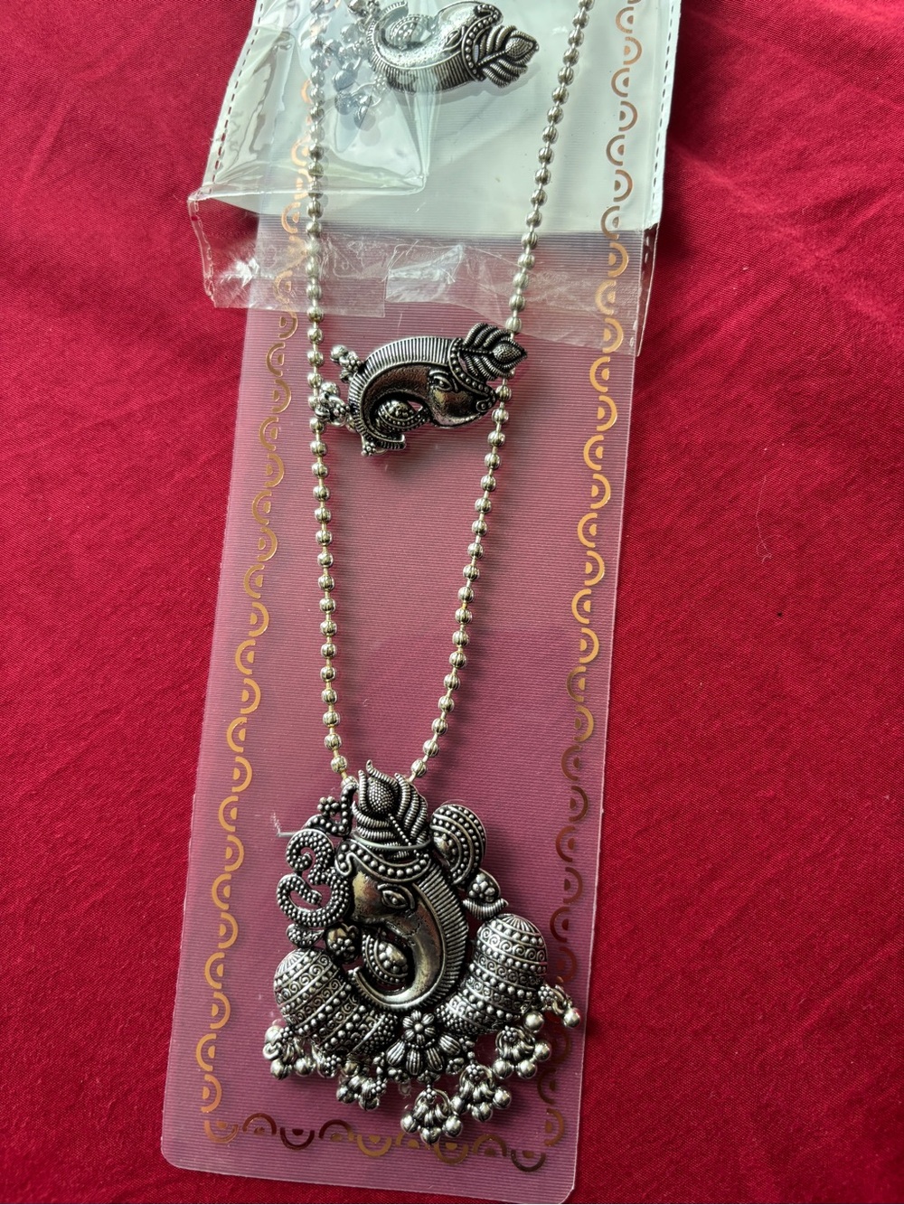 Oxidized Silver Ganesha Long Necklace & Matching Ring Set